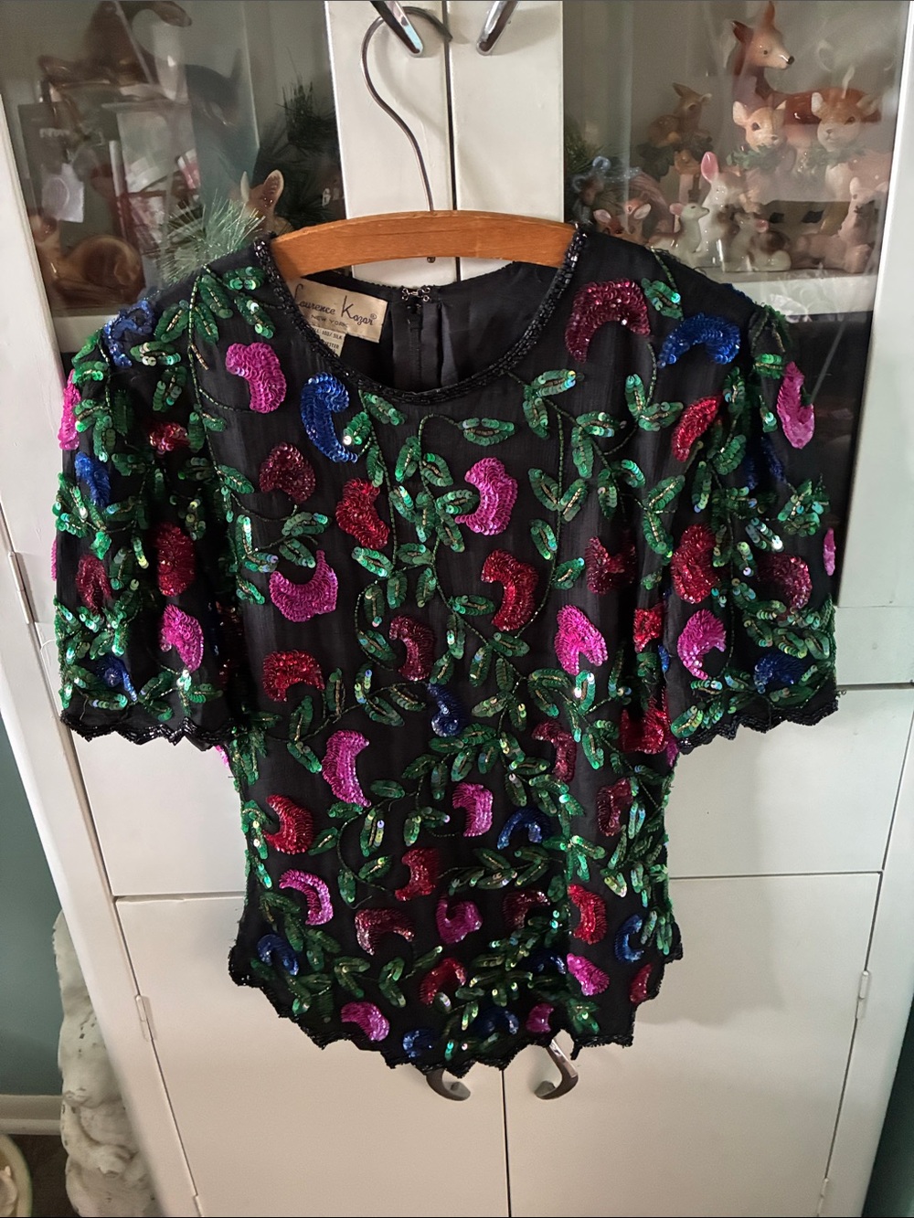 Laurence Kazar sz S Vintage Sequin Floral Black Top with Multicolor Embroidery